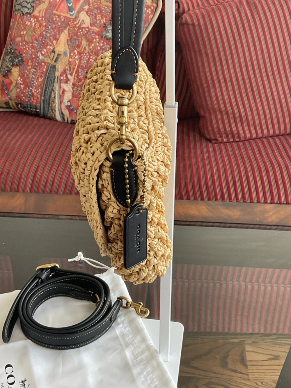 Coach soft Tabby 2022 summer straw raffia crochet purse leather straps like new - Picture 2 of 16